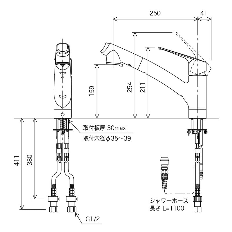 KVK 2302640 流し台用シングルレバー式シャワー付混合栓 KM5021JTECHS 1個（ご注文単位1個）【直送品】