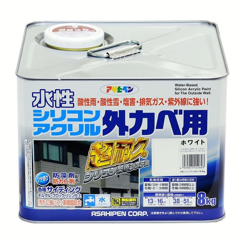 アサヒペン 9010588 水性シリコンアクリル外かべ用 8kg ホワイト 1個（ご注文単位1個）【直送品】