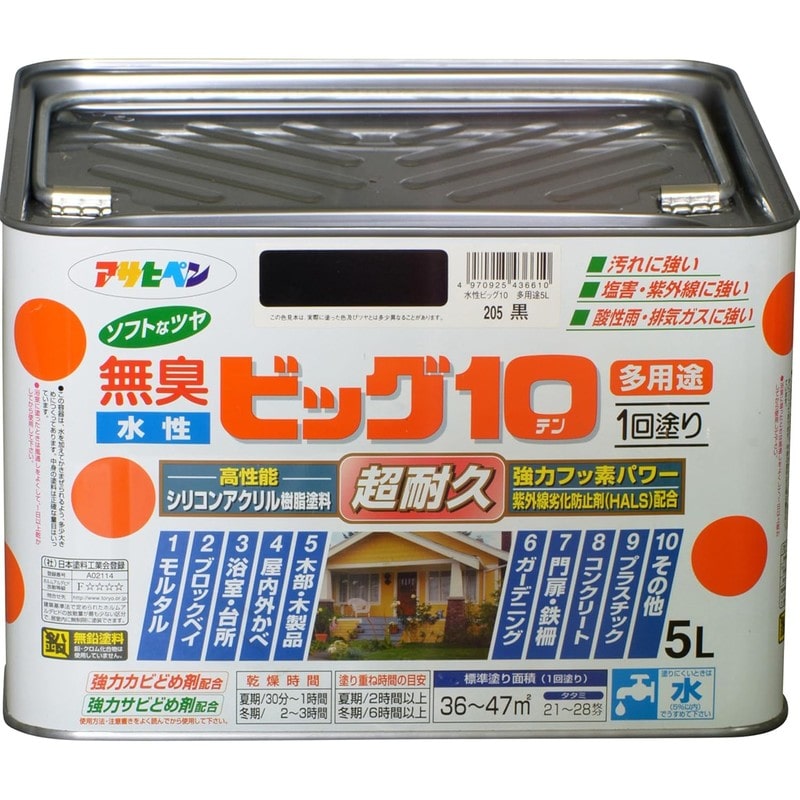 アサヒペン 9011232 水性ビッグ10多用途 5L 黒 1個（ご注文単位1個）【直送品】