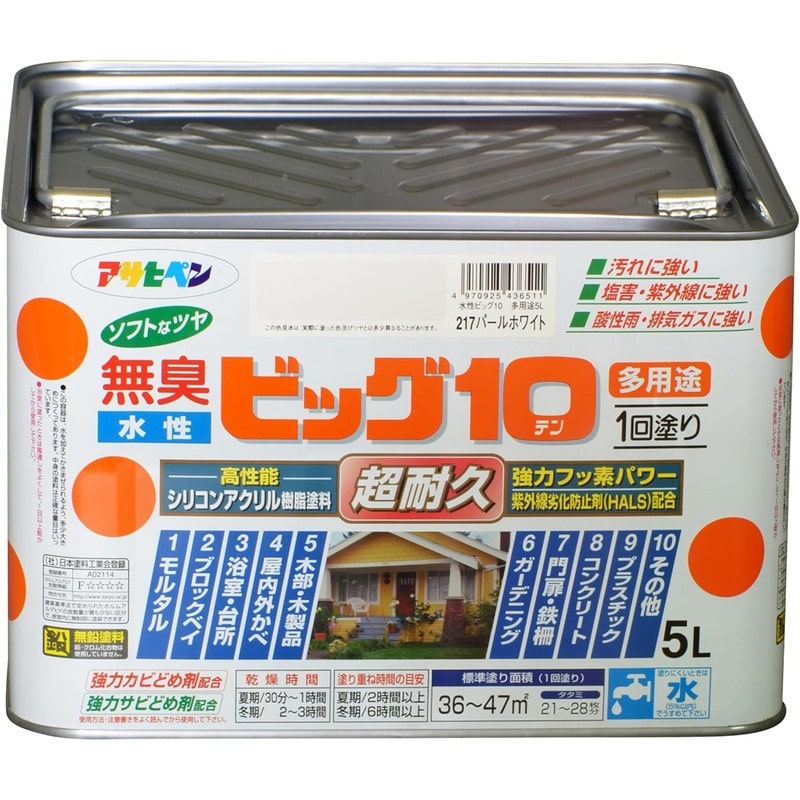 アサヒペン 9011239 水性ビッグ10多用途 5L パールホワイト 1個（ご注文単位1個）【直送品】
