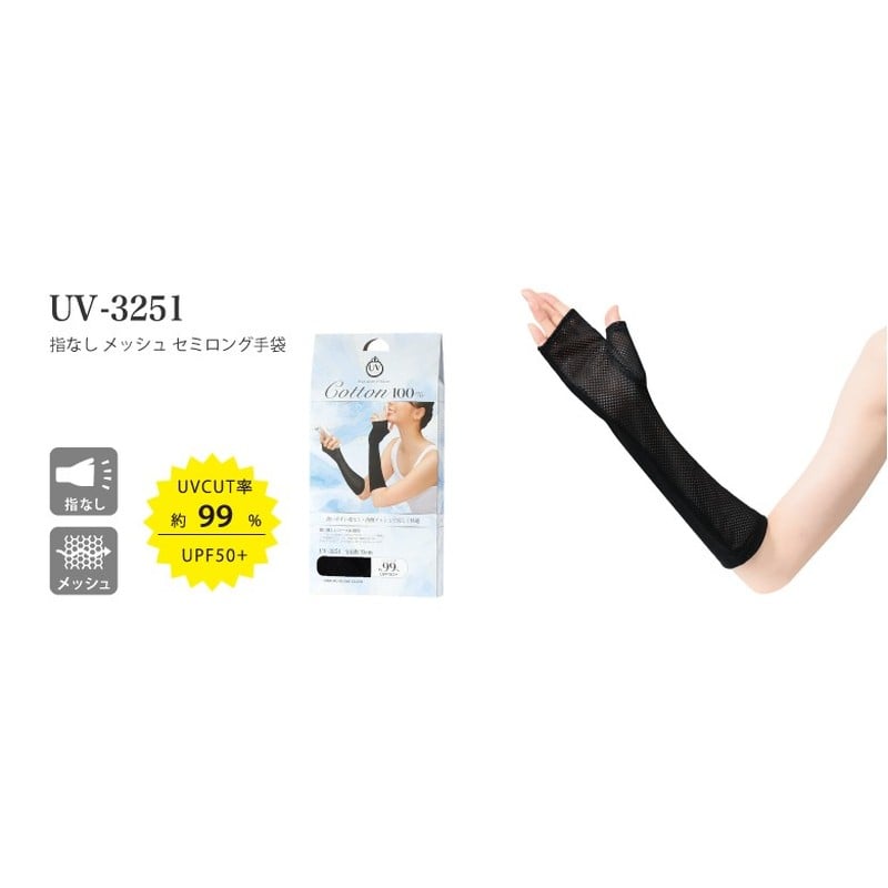 おたふく手袋 2116369 UV-3251 指なしメッシュセミロング手袋 BK 1個（ご注文単位1個）【直送品】