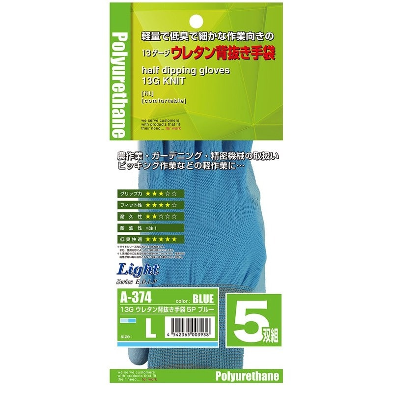 おたふく手袋 2111569 13Gウレタン背抜き手袋5P S ブルー A-374 1個（ご注文単位1個）【直送品】