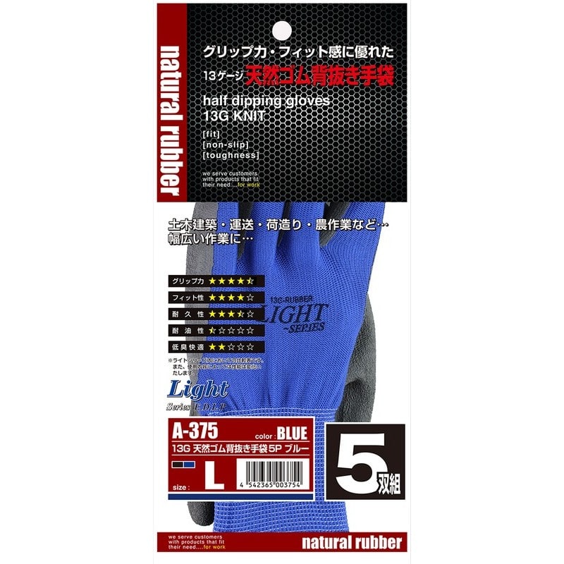 おたふく手袋 2111015 13G天然ゴム背抜き手袋5P LL ブルー A-375 1個（ご注文単位1個）【直送品】