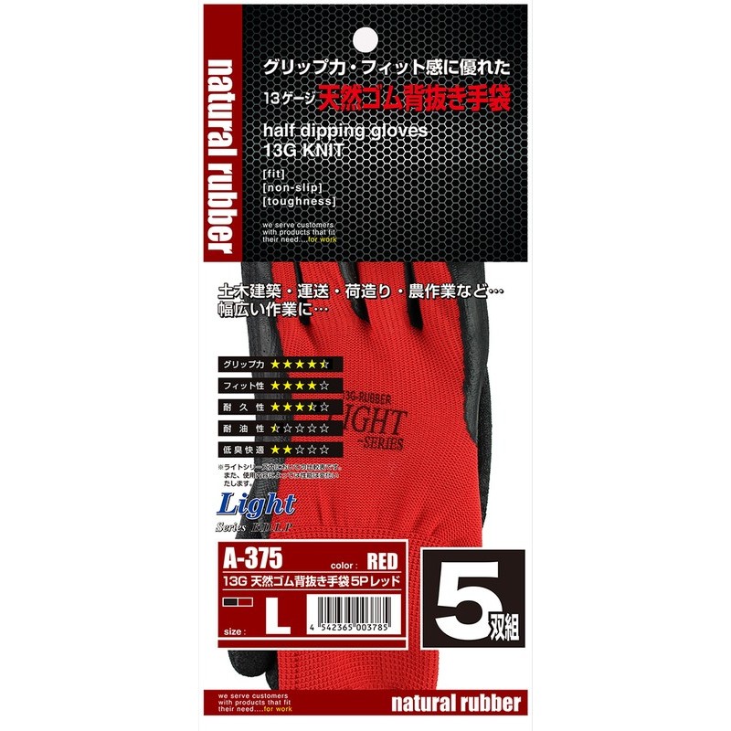 おたふく手袋 2111020 13G天然ゴム背抜き手袋5P M レッド A-375 1個(ご注文単位1個)【直送品】