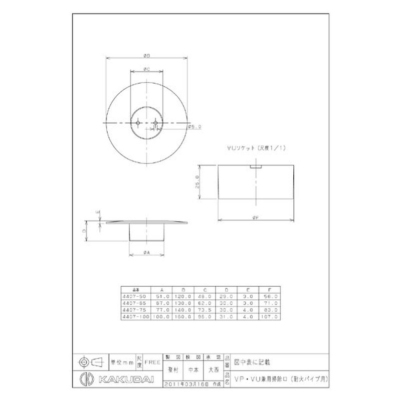 カクダイ 2221644 カクダイ 4407-65 VP・VU兼用掃除口 #4407-65 1個(ご注文単位1個)【直送品】