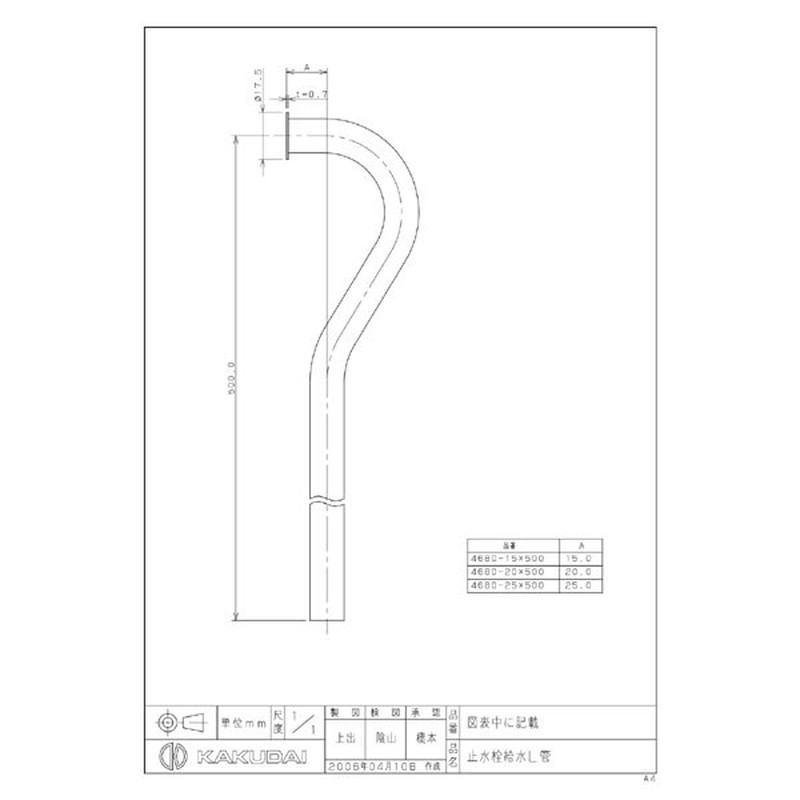 カクダイ 2221783 4680-25×500 止水栓給水L管 #4680-25X500 1個（ご注文単位1個）【直送品】