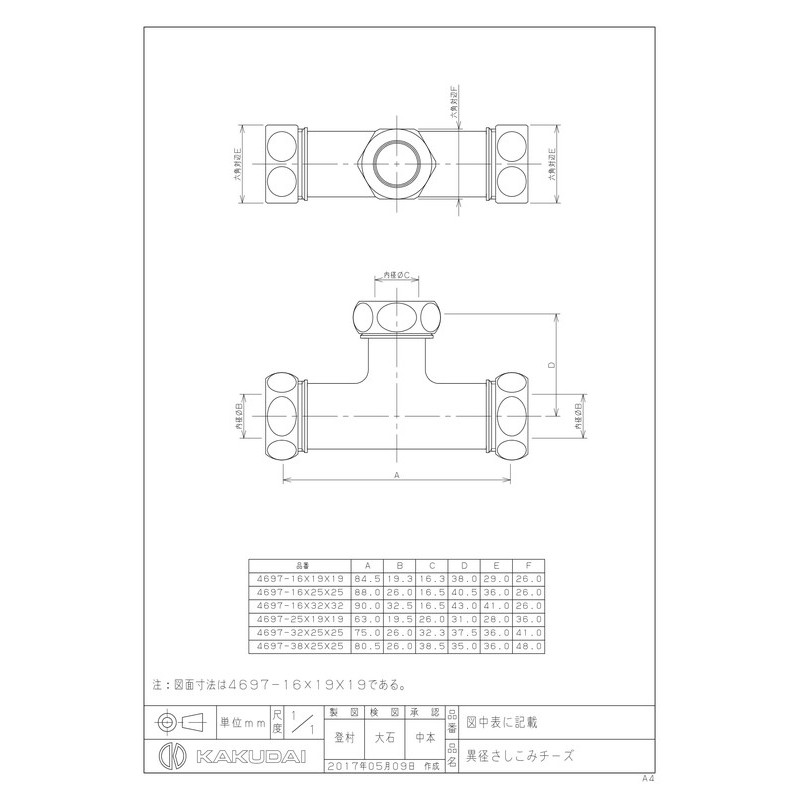 カクダイ 2221880 さしこみチーズ #4697-16X32X32 1個(ご注文単位1個)【直送品】
