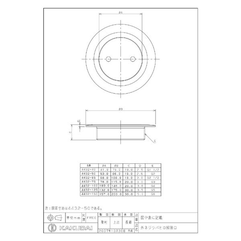 カクダイ 2221664 カクダイ 4432-125 外ネジツバヒロ掃除口 #4432-125 1個(ご注文単位1個)【直送品】