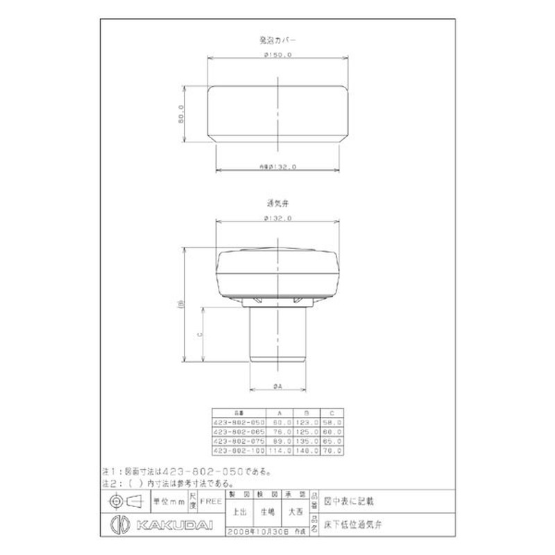 カクダイ 2221396 カクダイ 423-802-100 床下低位通気弁 #423-802-100 1個(ご注文単位1個)【直送品】