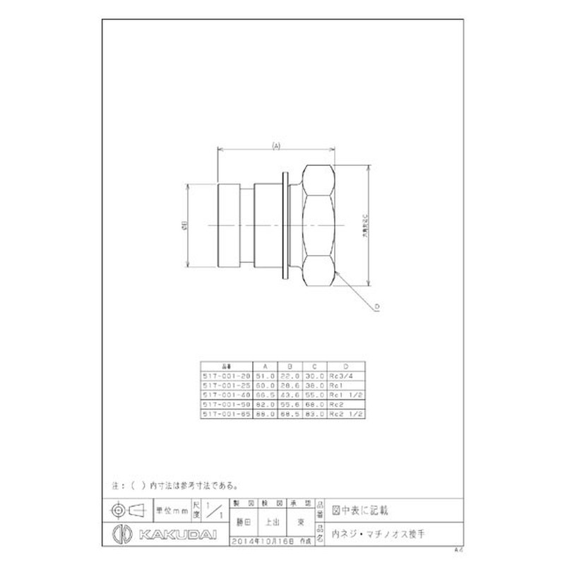 カクダイ 2222172 517-001-50 根元接手ガスFマチM #517-001-50 1個(ご注文単位1個)【直送品】