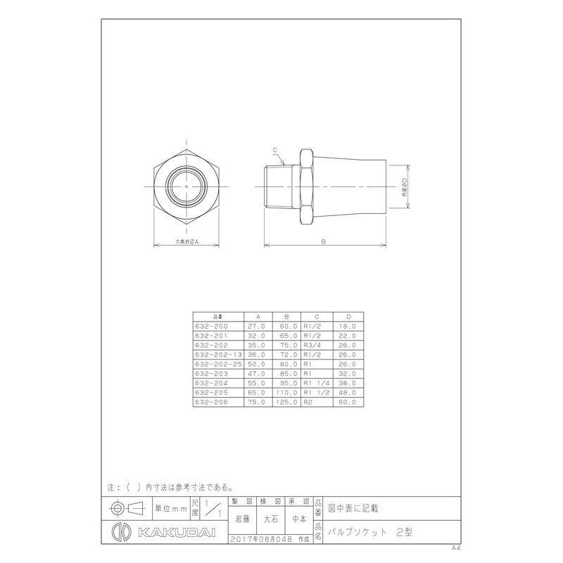 カクダイ 2232003 632-202-13異径バルブソケット 13×20 #632-202-13 1個(ご注文単位1個)【直送品】