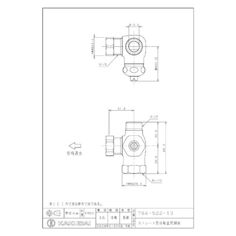 カクダイ 2225735 784-522-13 ストレート分岐金具胴体 #784-522-13 1個（ご注文単位1個）【直送品】