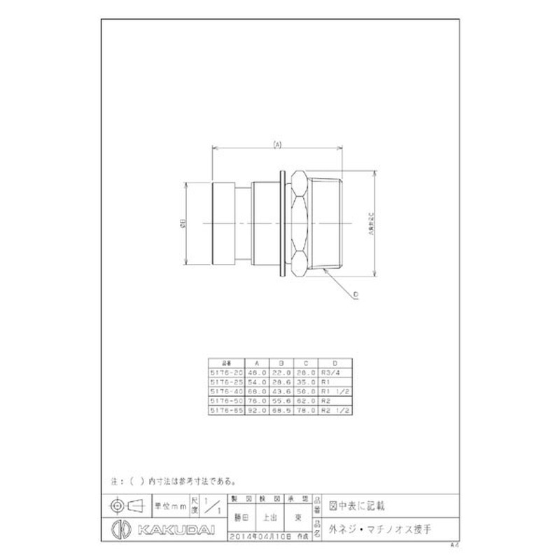 カクダイ 2222186 カクダイ 5176-25 根元接手ガスM×マチM #5176-25 1個(ご注文単位1個)【直送品】