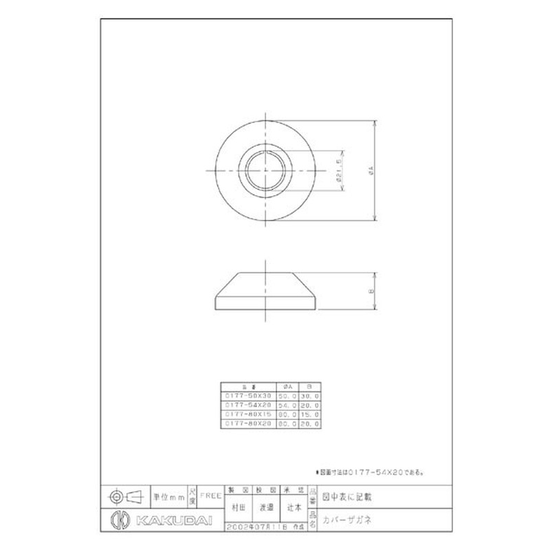 カクダイ 2220044 カバーザガネ #0177-54X20 1個（ご注文単位1個）【直送品】