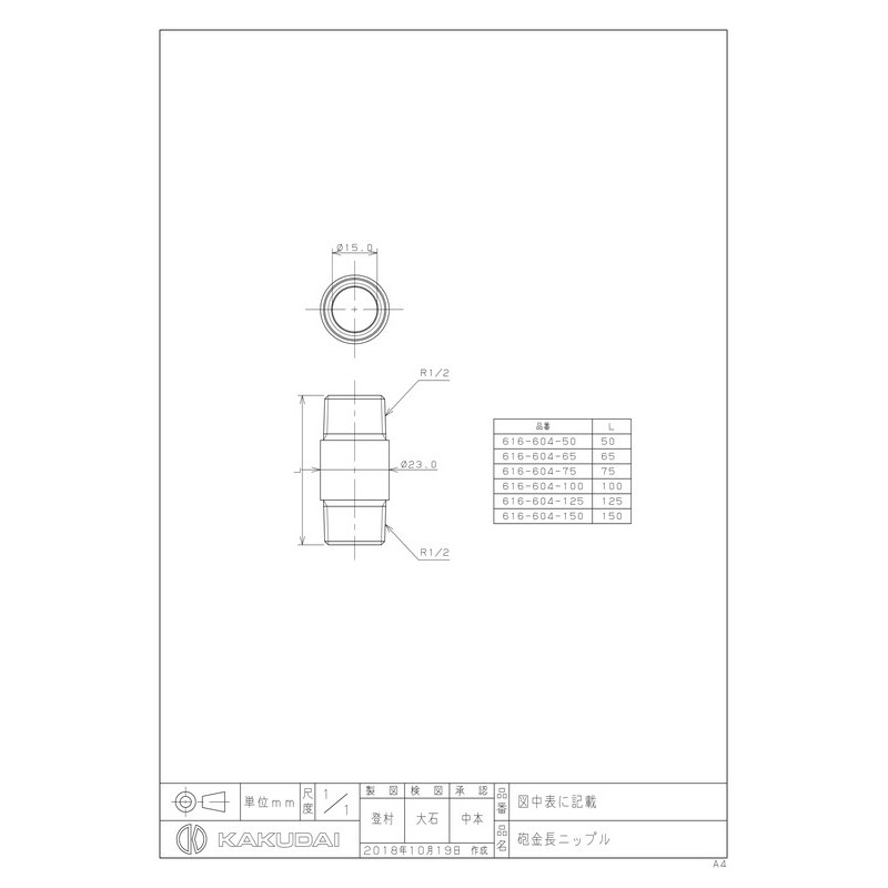 カクダイ 2228065 616-604-65 砲金長ニップル/13 #616-604-65 1個（ご注文単位1個）【直送品】