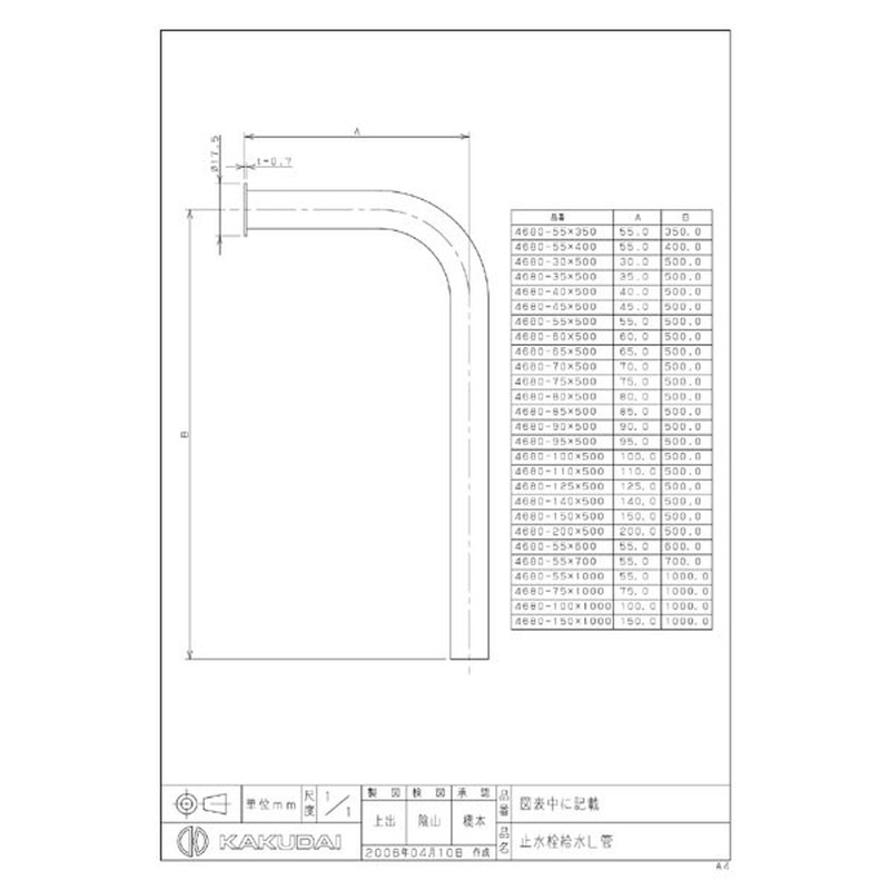 カクダイ 2221795 4680-70×500 止水栓給水L管 #4680-70X500 1個（ご注文単位1個）【直送品】