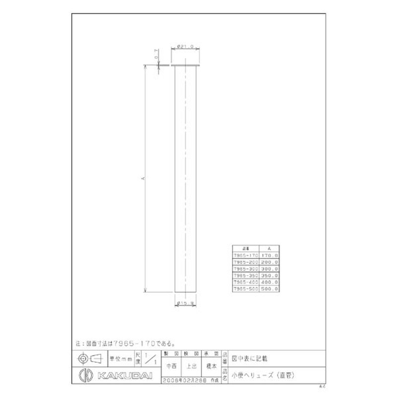 カクダイ 2226064 小便ヘリューズ直管 #7965-300 1個(ご注文単位1個)【直送品】