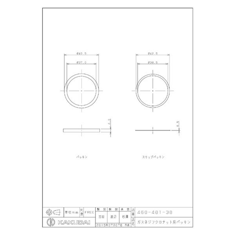 カクダイ 2229631 ガスネジフクロナット用パッキン #460-481-38 1個(ご注文単位1個)【直送品】
