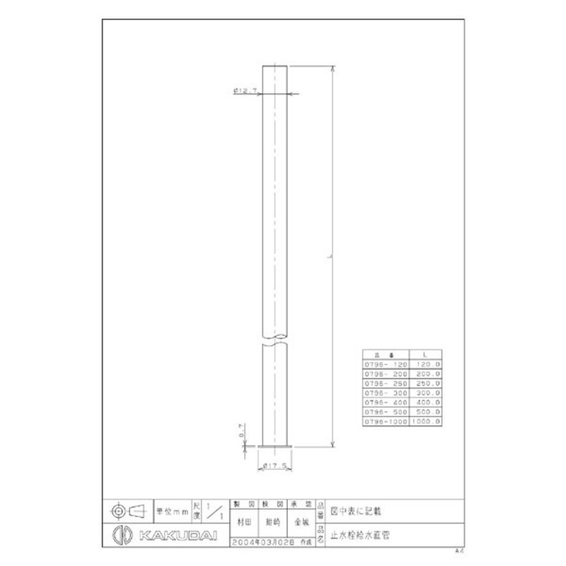 カクダイ 2225157 カクダイ 0796-120 止水栓給水直管 #0796-120 1個(ご注文単位1個)【直送品】
