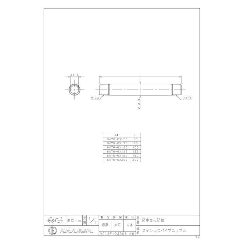 カクダイ 2227197 ステンレスパイプニップル #6476-6X75 1個(ご注文単位1個)【直送品】