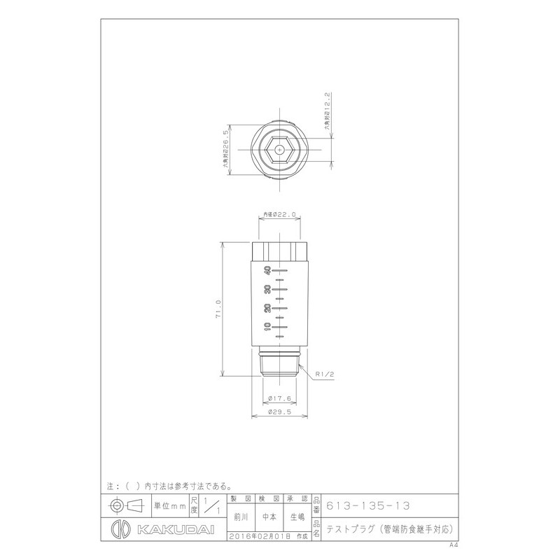 カクダイ 2231957 テストプラグ #613-135-13 1個(ご注文単位1個)【直送品】