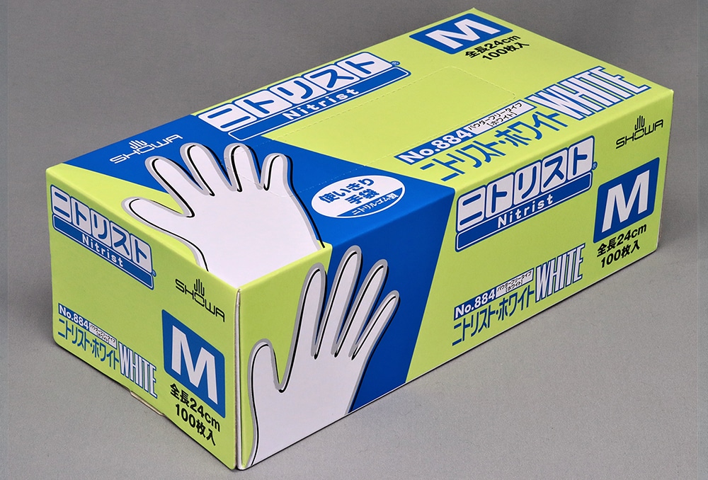 ショーワグローブ ニトリスト・ホワイト手袋 No.884 パウダーフリー M サイズ 100枚入 1箱 (ご注文単位1箱)【直送品】
