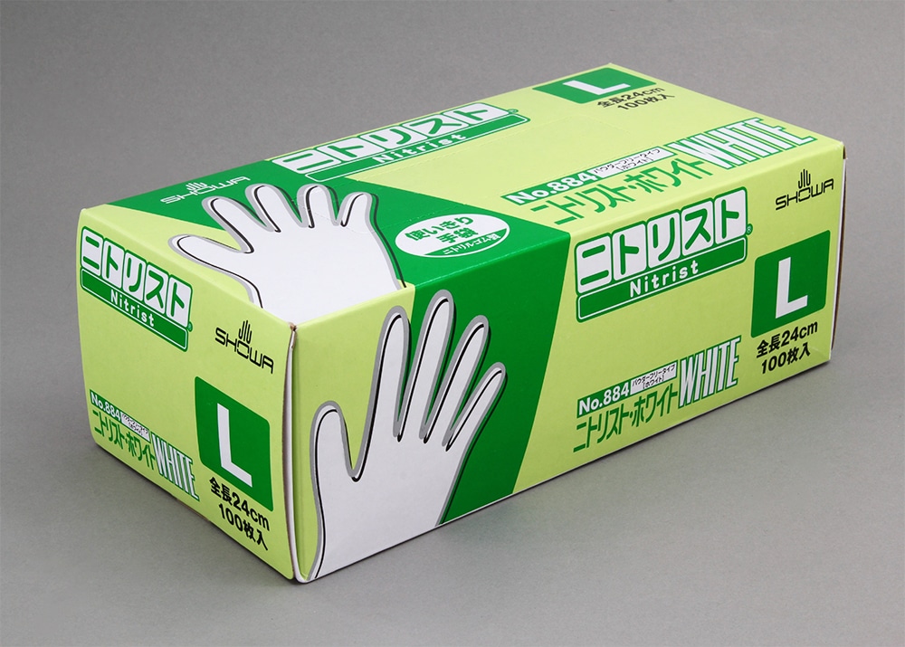 ショーワグローブ ニトリスト・ホワイト手袋 No.884 パウダーフリー L サイズ 100枚入 1箱 (ご注文単位1箱)【直送品】