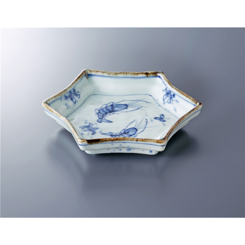 古林陶器 中鉢特選 吹墨エビ絵六角6寸皿 1003610105 1個（ご注文単位1個）【直送品】