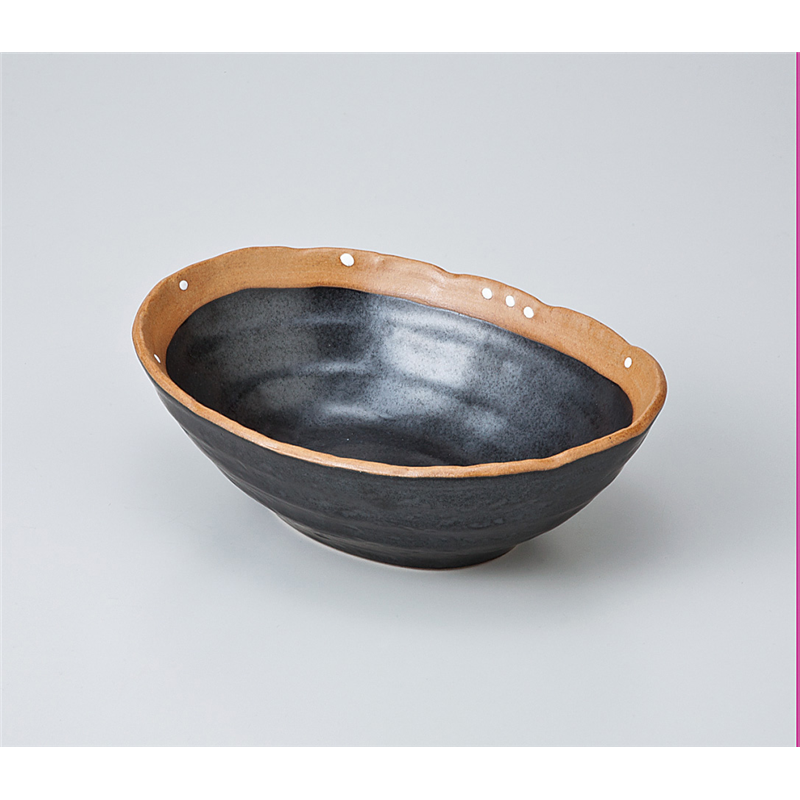 古林陶器 中鉢 黒ドット 手造りダ円鉢 703420351 1個（ご注文単位1個）【直送品】