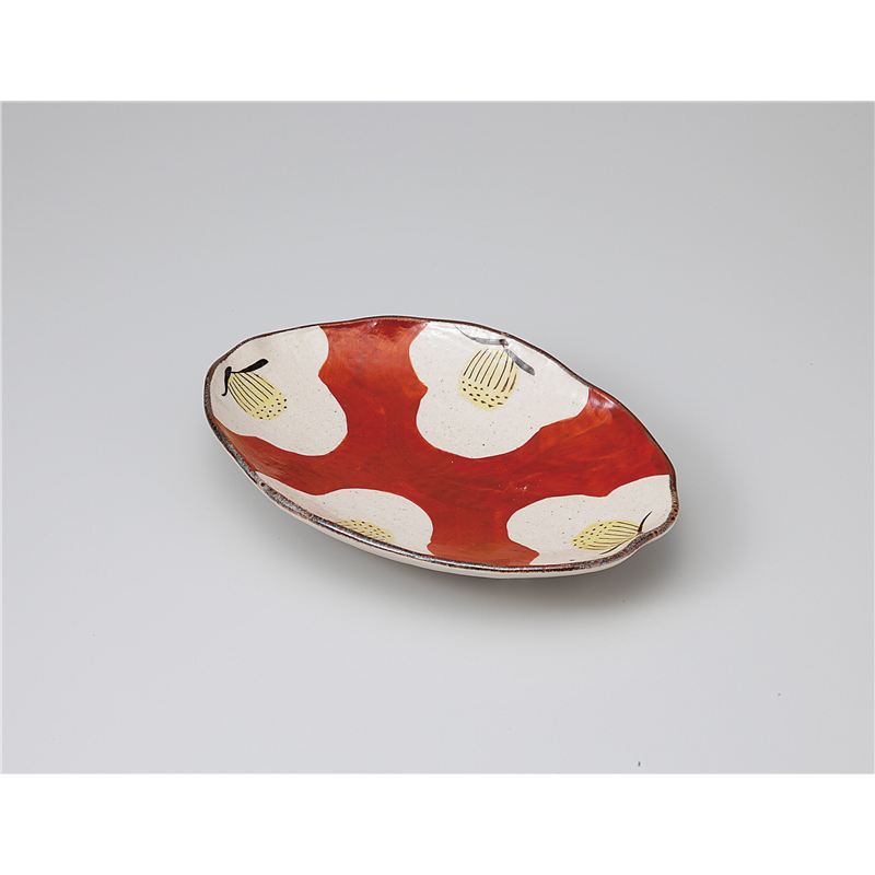 古林陶器 和皿(丸) 三ツ足楕円皿 赤濃椿 1120250415 1個（ご注文単位1個）【直送品】