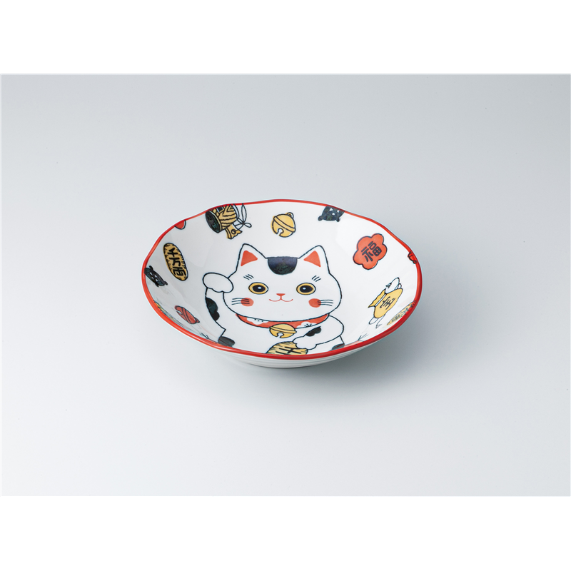 古林陶器 めん皿 縁起猫 8吋クープ 赤 1328630401 1個（ご注文単位1個）【直送品】