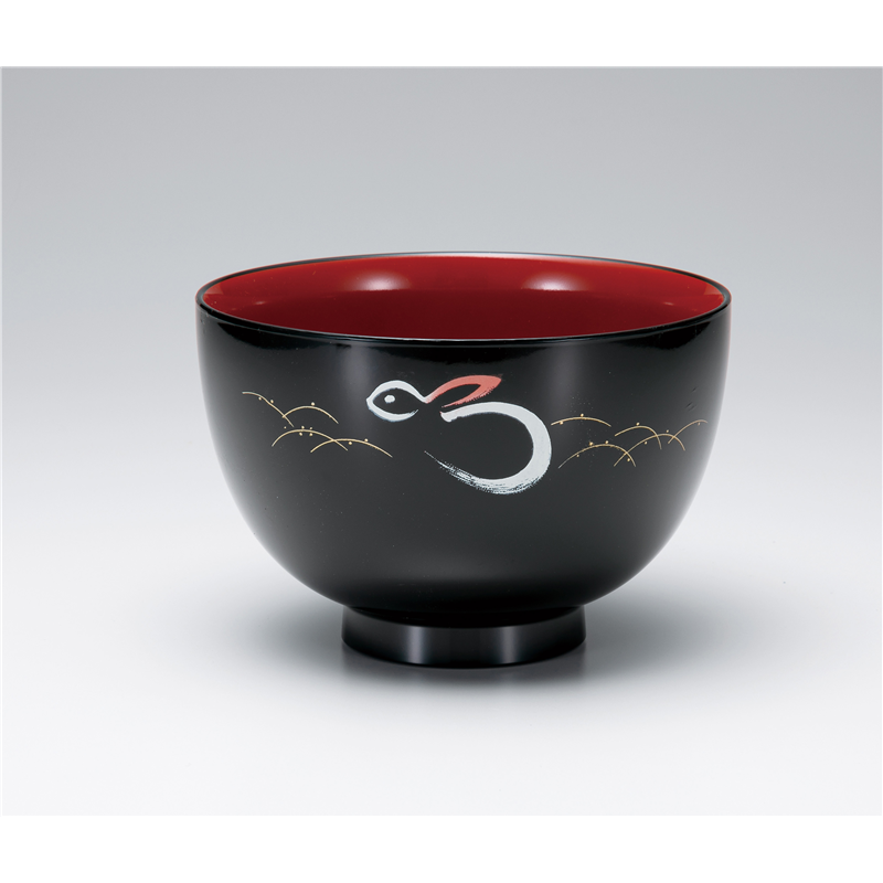 古林陶器 会津漆器茶筒・茶こぼし・大椀 黒 夏目丼 白ウサギ 1173540197 1個（ご注文単位1個）【直送品】
