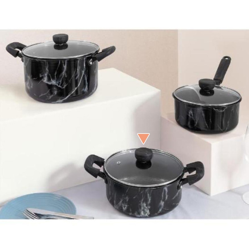 中山福 マーブルキッチン 両手鍋 ガラス蓋付 IH対応 20cm 大理石柄 ブラック NX-152 1個(ご注文単位1個)【直送品】
