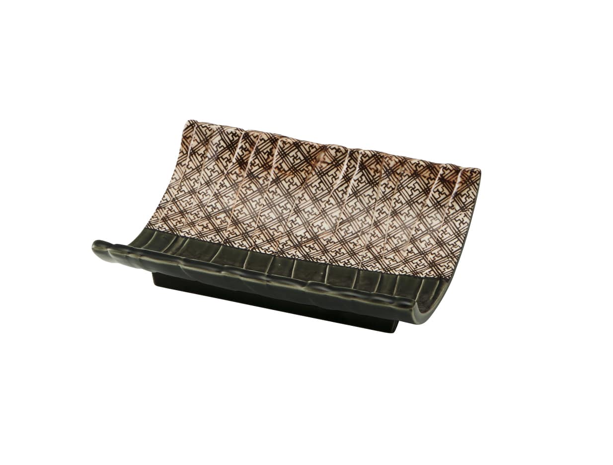 丸モ高木陶器 格子織部竹割型皿 4A077-05 1個（ご注文単位1個）【直送品】