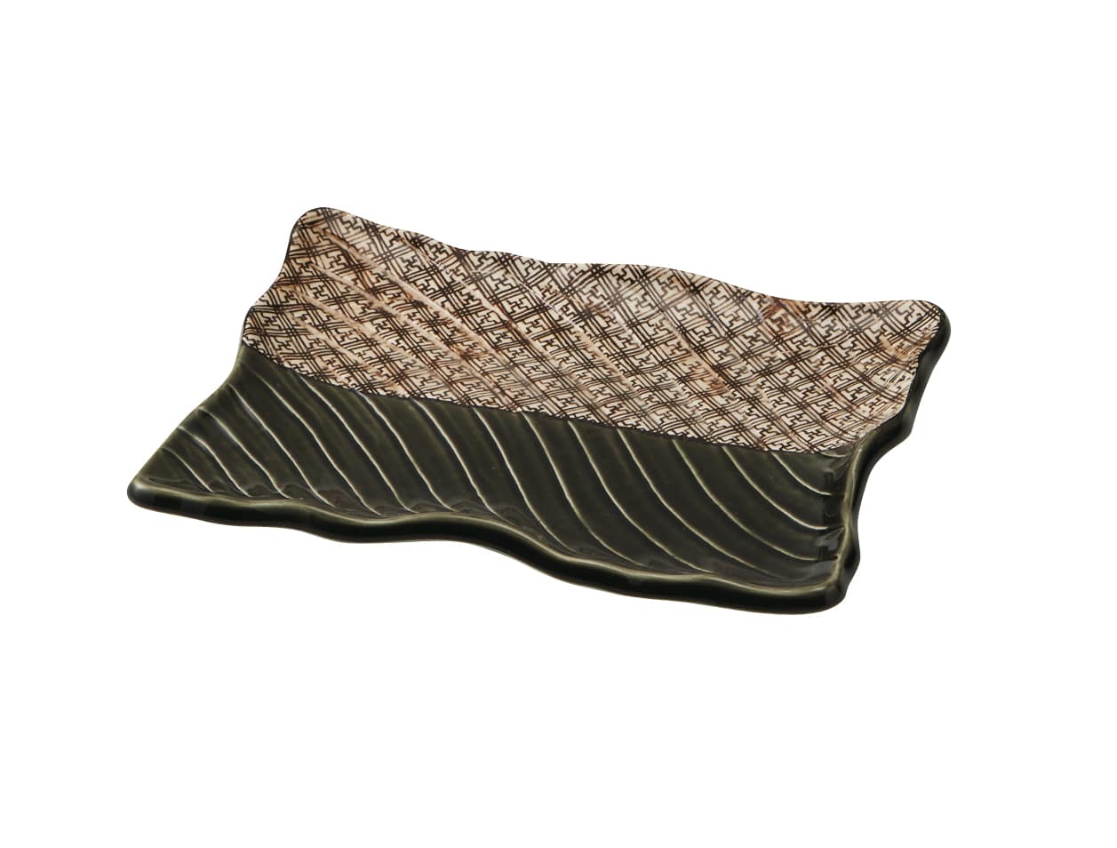 丸モ高木陶器 格子織部21cm波彫皿 4A078-14 1個（ご注文単位1個）【直送品】