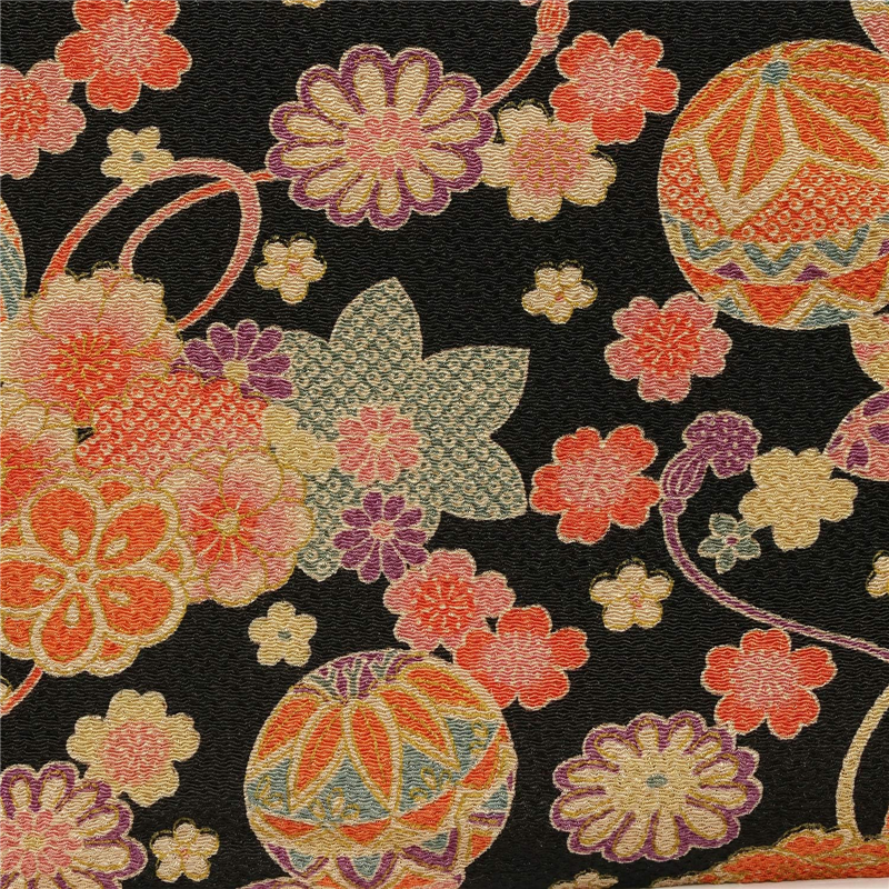 日本紐釦貿易 ちりめん 金彩 桜と毬 黒 巾約70cm×8ｍ切売カット DS07-03-8M 1枚（ご注文単位1枚）【直送品】