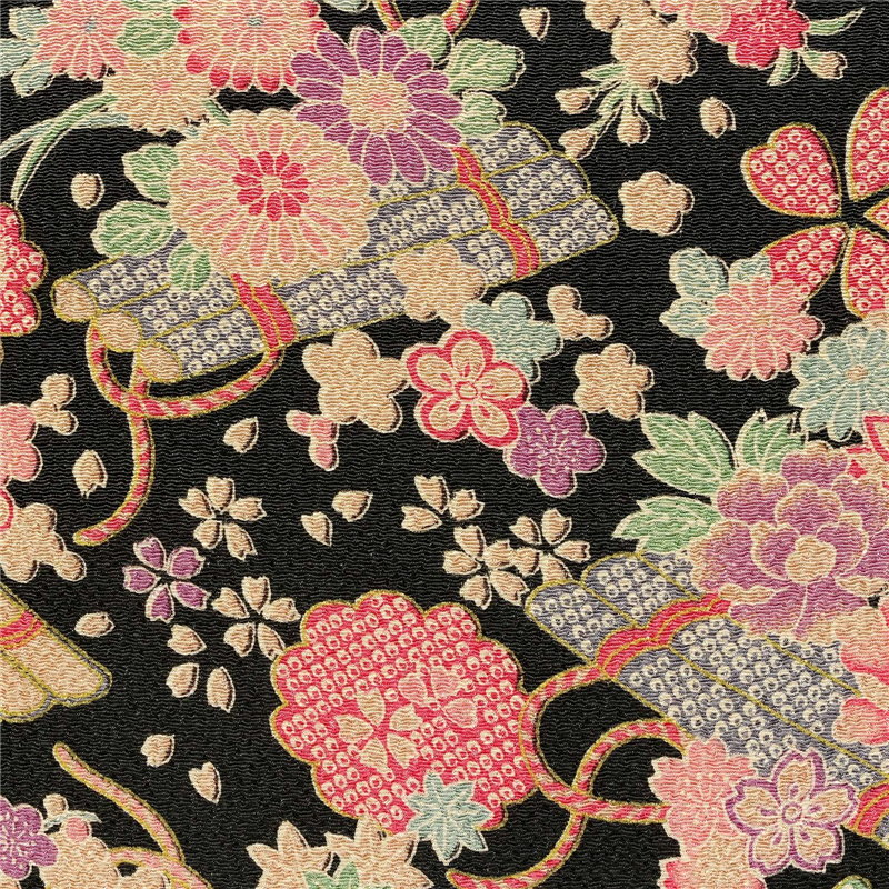 日本紐釦貿易 ちりめん 金彩 花柄 黒 巾約70cm×7ｍ切売カット DS08-03-7M 1枚（ご注文単位1枚）【直送品】