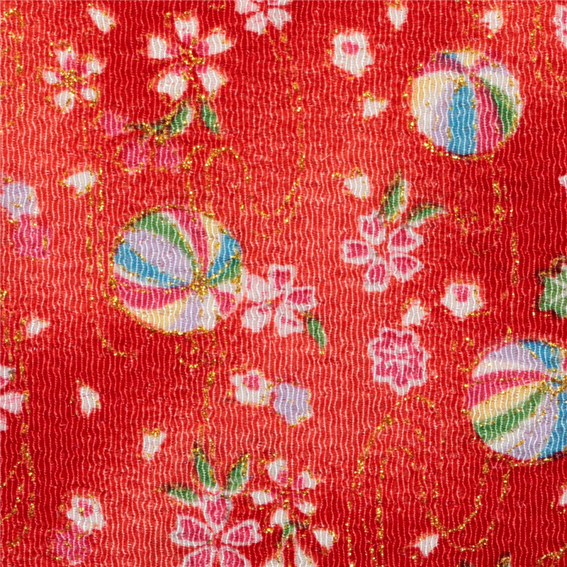 日本紐釦貿易 ちりめん 金彩 小花と毬 赤 巾約70cm×9ｍ切売カット GH22-01-9M 1枚（ご注文単位1枚）【直送品】