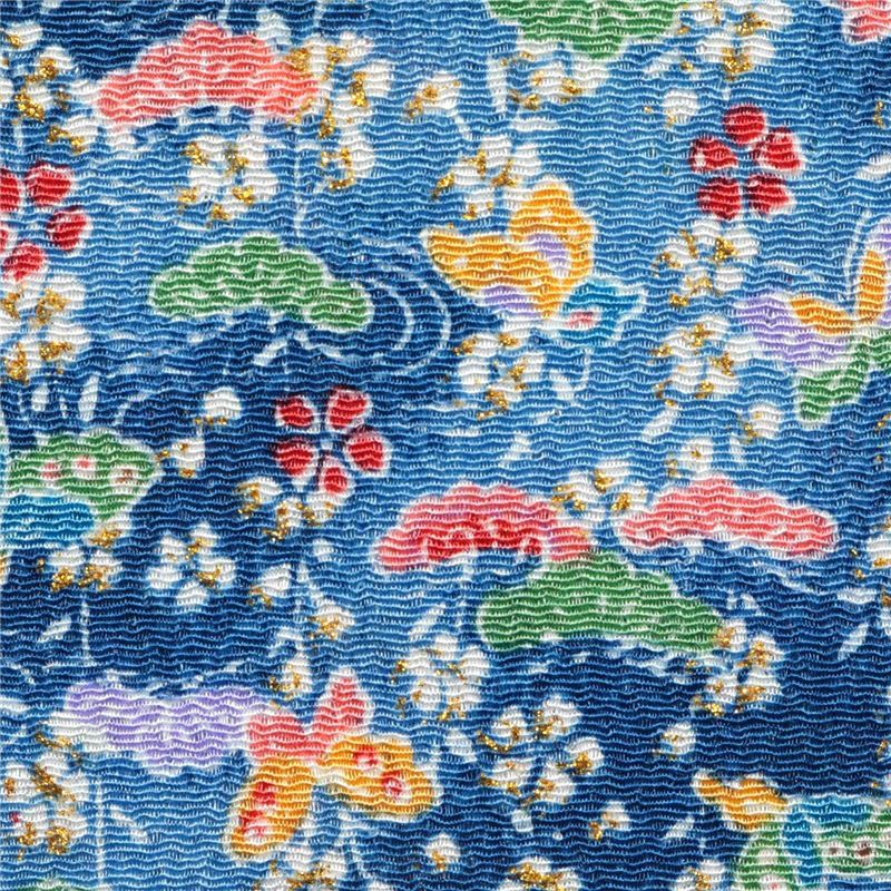 日本紐釦貿易 ちりめん 金彩 花と蝶 青 巾約70cm×6ｍ切売カット GH23-04-6M 1枚（ご注文単位1枚）【直送品】