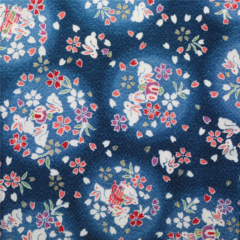 日本紐釦貿易 ちりめん 金彩 うさぎと花 青 巾約70cm×7ｍ切売カット GH38-03-7M 1枚（ご注文単位1枚）【直送品】