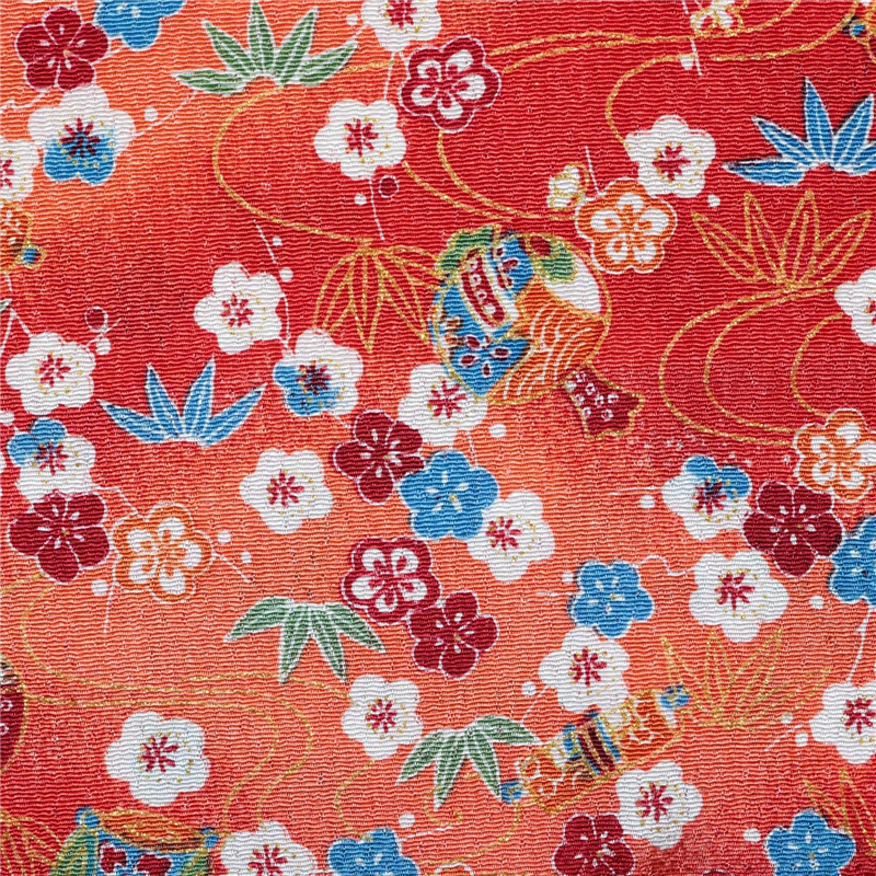日本紐釦貿易 ちりめん 金彩 梅柄 赤 巾約70cm×7ｍ切売カット GK02-02-7M 1枚（ご注文単位1枚）【直送品】