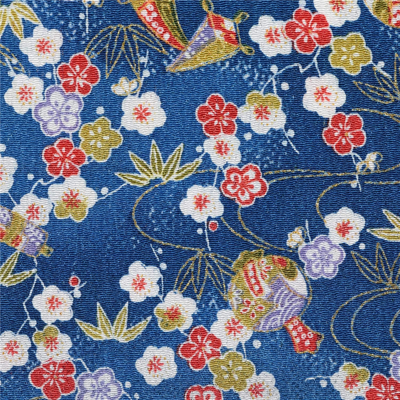 日本紐釦貿易 ちりめん 金彩 梅柄 青 巾約70cm×10ｍ切売カット GK02-07-10M 1枚（ご注文単位1枚）【直送品】