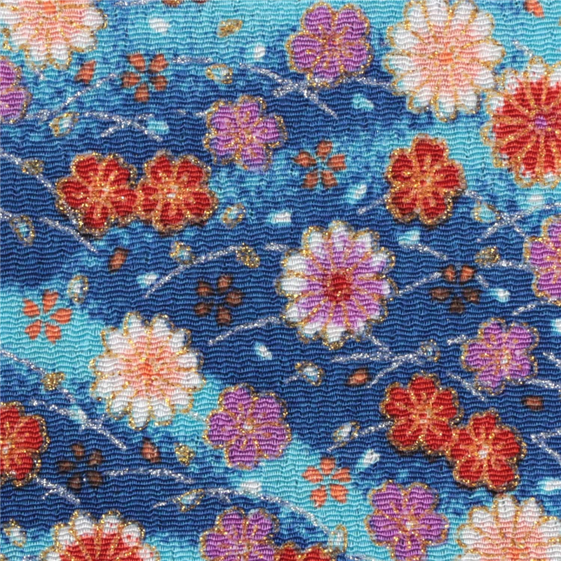 日本紐釦貿易 ちりめん 金彩 花柄 青 巾約70cm×8ｍ切売カット GN85-06-8M 1枚（ご注文単位1枚）【直送品】