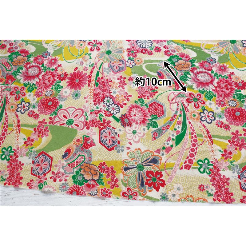 日本紐釦貿易 一越ちりめん 友禅 古典柄 菊 黄緑系 巾約73cm×4ｍ切売カット 1枚（ご注文単位1枚）【直送品】