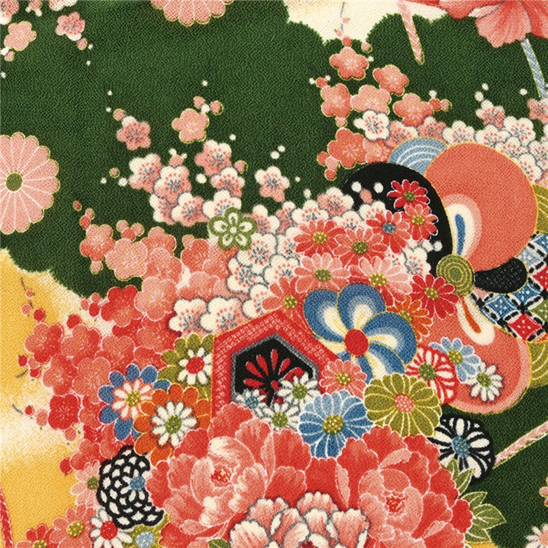 日本紐釦貿易 一越ちりめん 友禅 古典柄 花 緑系 巾約73cm×5ｍ切売カット 1枚（ご注文単位1枚）【直送品】