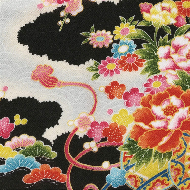 日本紐釦貿易 一越ちりめん 友禅 古典柄 花 黒系 巾約73cm×7ｍ切売カット 1枚（ご注文単位1枚）【直送品】