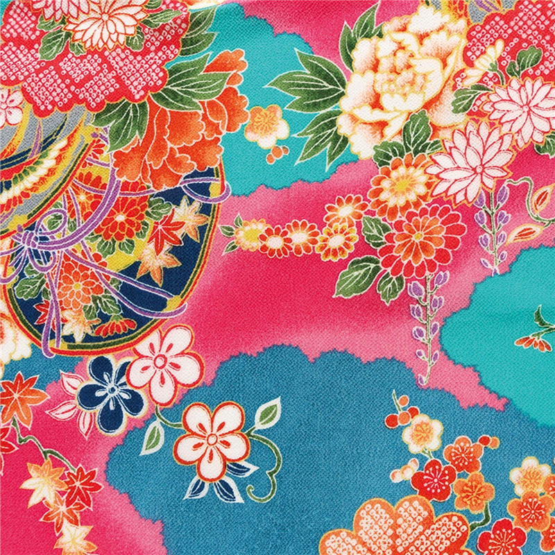 日本紐釦貿易 一越ちりめん 友禅 古典柄 花 ピンク系 巾約73cm×2ｍ切売カット 1枚（ご注文単位1枚）【直送品】