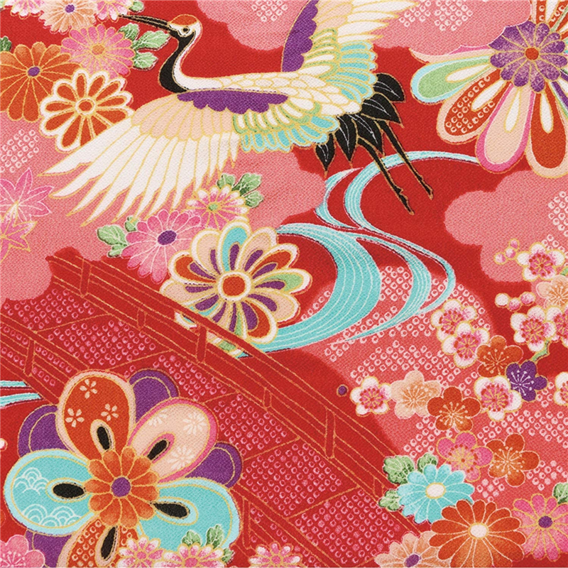 日本紐釦貿易 一越ちりめん 友禅 古典柄 鶴と花 赤系 巾約73cm×2ｍ切売カット 1枚（ご注文単位1枚）【直送品】