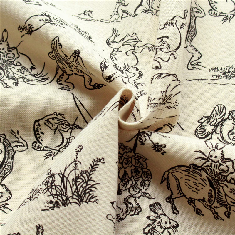 日本紐釦貿易 鳥獣戯画 むら糸藍染調 プリント生地 ベージュ×黒線 巾約110cm 2mカット KW7070-7B-2M 1枚（ご注文単位1枚）【直送品】