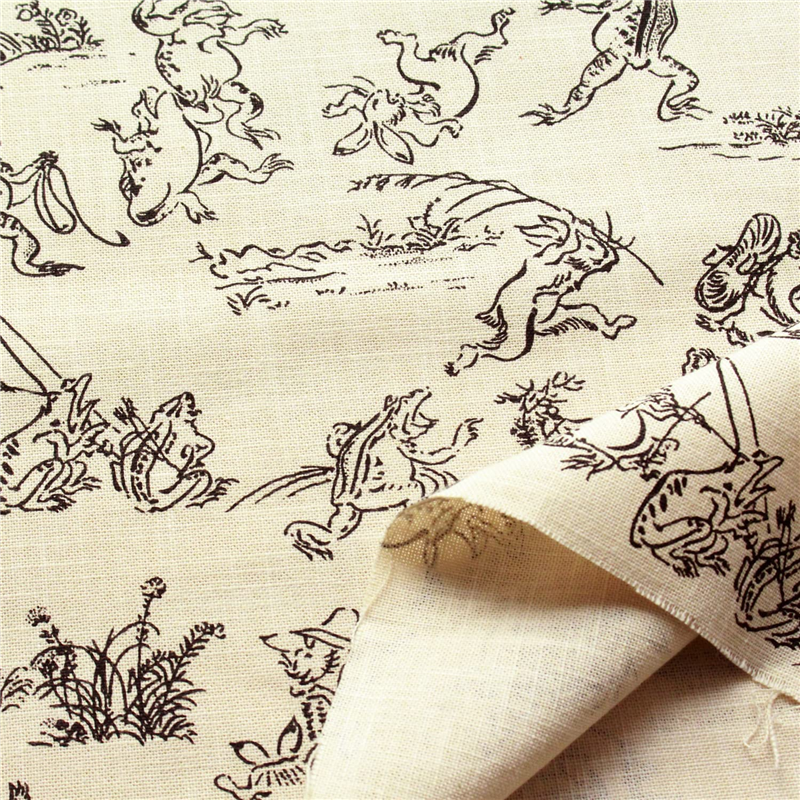 日本紐釦貿易 鳥獣戯画 むら糸藍染調 プリント生地 ベージュ×黒線 巾約110cm 5mカット KW7070-7B-5M 1枚（ご注文単位1枚）【直送品】